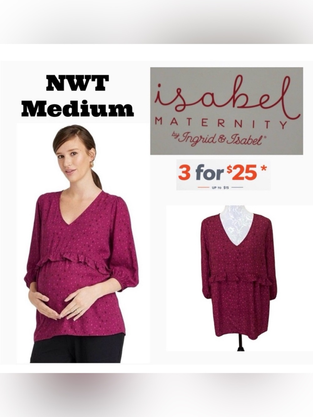 Isabel Maternity Ruffle V neck 3/4 sleeves top size medium